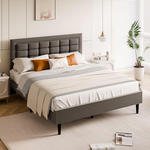SUNLEI Bed Frame with Square Stitched Button Tufted Headboard, Queen Upholstered Platform Bed with 12″ Storage Space & Linen Fabric, Solid Wood Slats Support, No Box Spring Needed, Grey