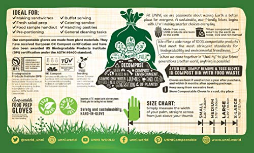 UNNI 100% Compostable Food Prep Gloves, Restaurant-Quality,for Food Handling, Powder-Free, 100 Count, Medium, Earth Friendly Highest ASTM D6400, US BPI and Europe OK Compost Certified, San Francisco