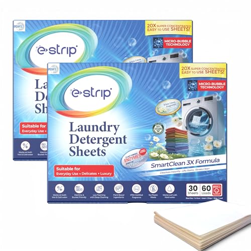 Image of eStrip SmartClean 3X Laundry Detergent Sheets - 60 Sheets, Ultra-Concentrated Eco-Friendly,Dissolves Instantly, Liquid & Pod Alternative, Works for Front & Top Load & Hand Wash, Tough Stain Removal