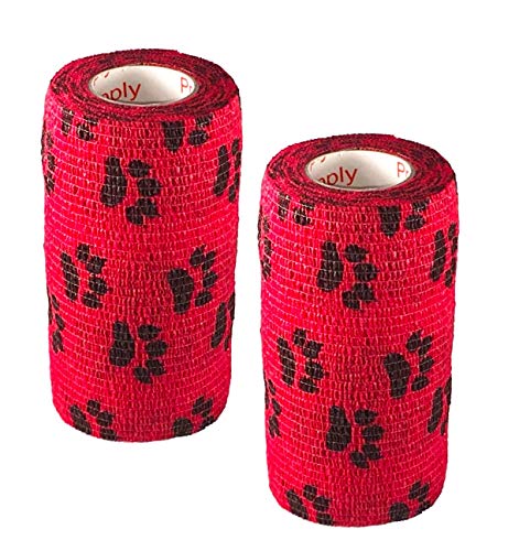 Image of Vet Wrap Wrap Tape (Red with Paws) (2 Pack) (4 Inch x 15 feet) Self Adhesive Adherent Adhering Cohesive Flex Self Stick Bandage Grip Roll Dog Cat Pet Horse