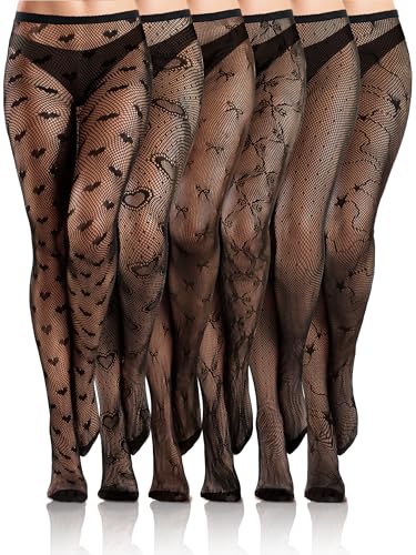 Ramede 6 Pairs Women Fishnet Thigh High Stockings Waist Tights Bow Patterned Goth Fishnet Leggings Pantyhose for Halloween