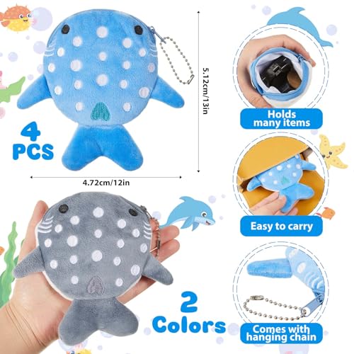 4 Pcs Whale Shark Coin Purse, Plush Coin Pouch with Zipper, Kawaii Shark Wallet, Fish Sea Animal Change Purse for Kids Girls Women Cosmetic Items Earphone Gifts, Blue, Gray2