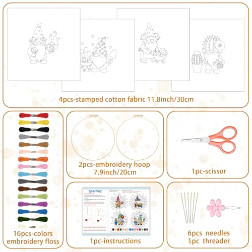 Image of BEUNITONE 4 Set Gardener Gnome Embroidery Kit for Adult Beginners with Hoop