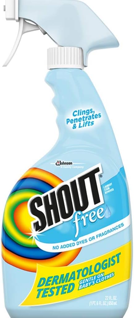 Shout Free Laundry Stain Remover Spray - Fragrance, Bleach & Dye Free Enzyme Formula for Baby Stains, Food & Blood, 22oz