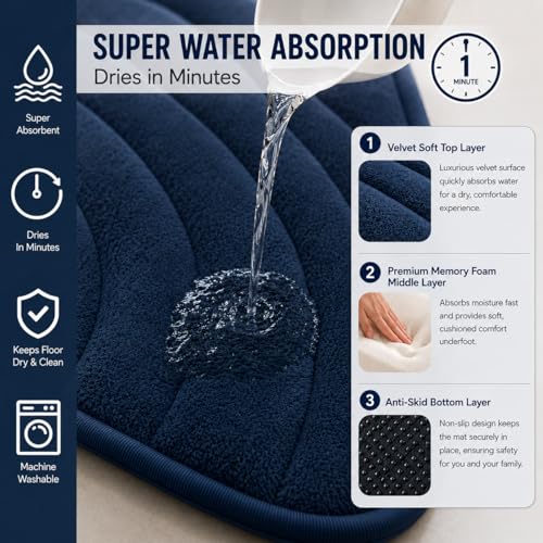 Image of Premium Memory Foam Bath Mat | 40x60cm Super Absorbent Velvet Bathroom Rug | Non-Slip Machine Washable Floor Mat (Denim Blue)