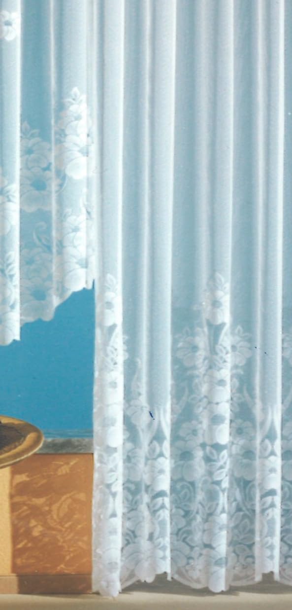 heimtexland Gardinen Jacquard Store mit Kräuselband weiß halb-transparent, Blumen Bordüre gebogt, Vorhang Typ1 - Langstore HxB 245x300 cm für Fensterbreiten von 100-130 cm