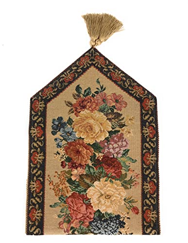 DaDa Bedding Elegant Colorful Mediterranean Dining Table Runner - Vintage Breath of Spring Botanical Floral Blossom Garden - Tan Brown Red Bordered Woven Kitchen Dinner Mat - Oversized 13' x 120'