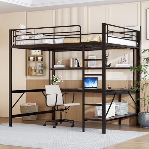 Litera Cama Loft 140x200 Negro Habitación Juvenil Completa mit Conexión USB Tomacorriente y LED Mesa de Estudio Balda in Estructura Metal Hierro Diseño Estable para Jóvenes y Adultos