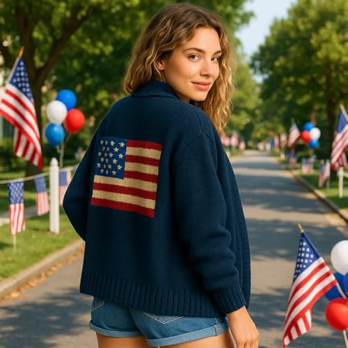 American Flag Knit Sweater Cardigan for Women USA Flag Star Stripe Print Open Front Knitwear Cardigans 4th of July2