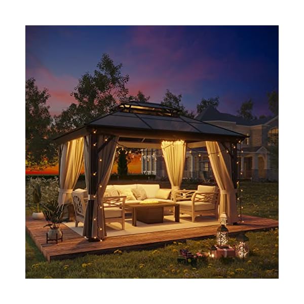 GAZEBEST 10' X 13' Permanent Hardtop Gazebo, Outdoor Polycarbonate Double Roof Pavilion Pergola Canopy with Aluminum Frame and Privacy Curtains for Patio, Garden, Backyard, Lawn