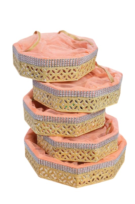 Vayu Art & Crafts Octagonal Shape Decorated Net Hamper Gift Basket Combo/Pack of 5, Diwali Gift Hamper, Festival Gift Hamper Tray 8x8x2.25 (Peach)