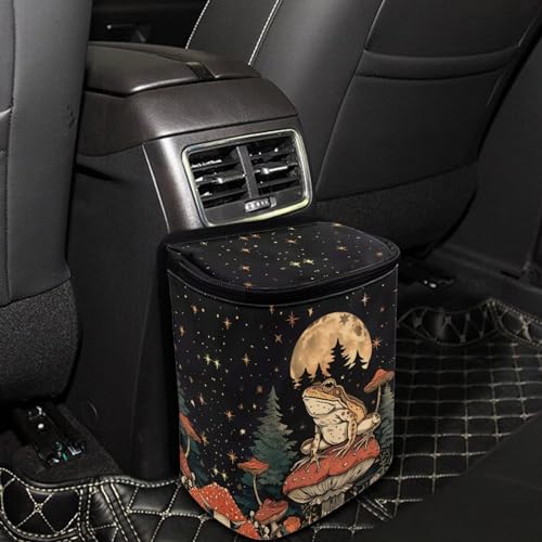 Image of Talayituse Frog Mushroom Print Car Trash Can, Moon Star Design Portable Auto Garbage Bin Multifunctional Vehicle Interior Accessories with Adjustable Straps Universal Fit Truck SUV Sedan