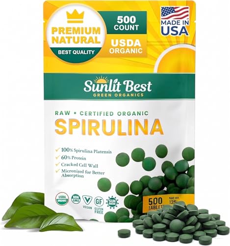 Sunlit Best Spirulina Tablets - Organic Spirulina Tablets USDA Premium 500 Count - Natural Spirulinas Organic Burst for Immune Support Muscle Growth Energy Boost w/Chlorophyll - High Protein Non GMO