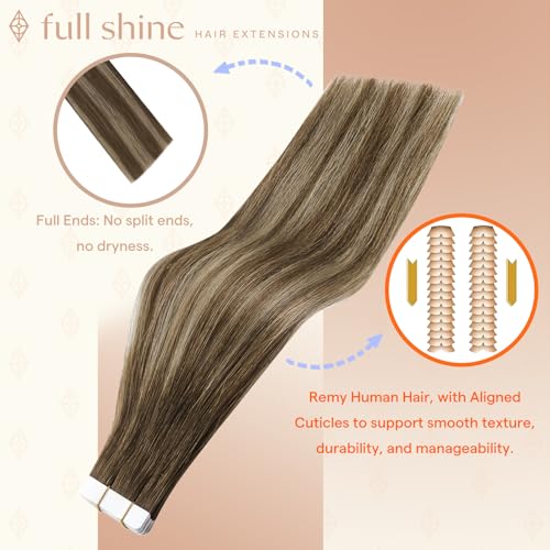 Image of Full Shine Human Hair Tape in Extensions, Medium Brown Honey Blonde 22 Inch | 100g 40PCS, Seamless Tape in Human Hair Extensions, Invisible Brazilian Style Full Ends Party Styling Soft Movement