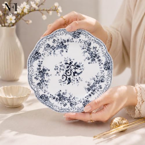 Image of NFI essentials 9 inch Ceramic Quarter Plate with Elegant Blue Floral Design, Premium Serving Plate for Snacks, Desserts, Breakfast & Appetizers, Dishwasher Safe Kitchen Plate