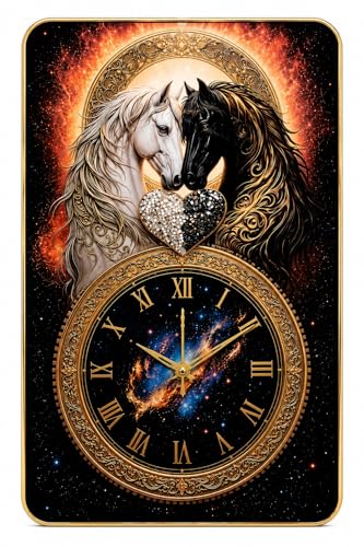 Image of Twin Horse Wall Clock 18 Inch | Silent Non-Ticking Galaxy Artwork Dial | Gold Roman Numerals | Premium PU Moulding Frame | Home Decor for Living Room Bedroom Office | Perfect Housewarming Diwali Gift