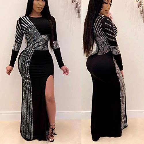 Women's Sexy Long Sleeve Rhinestone Ponti Gown Mermaid Evening Maxi Party Dress Black XL