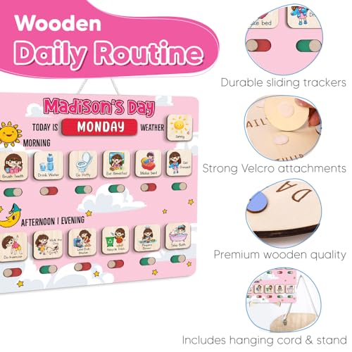 Image of Personalized Wooden Chore Chart for Kids, Daily Routine Chart for Toddlers, Visual Schedule for Kids Age 3-5, Morning Bedtime Routine for Girls (03)