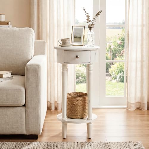 Image of HOMPUS Round End Table with Drawer Set of 2, Rustic Framhouse Nightstand Set 2, Small Tall End Table with Shelf, Fully Assembled Narrow Wood Nightstand, Accent Bedside Table for Bedroom, Small Spaces
