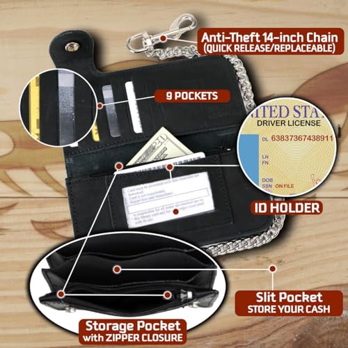 Milwaukee Leather MLW7828 Men's 6" Leather Bi-Fold Biker Wallet w/Anti-Theft Stainless Steel Chain and Buffalo Nickel Snap - 6 Inch2