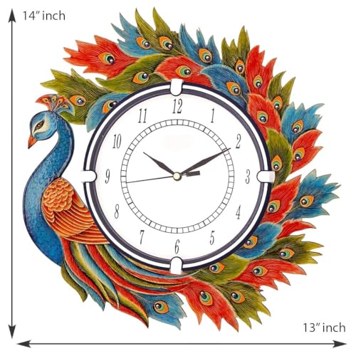 Image of Wooden Peacock Design Wall Clock Round Quartz Analog Antique Decorative Clock for Home Decoration