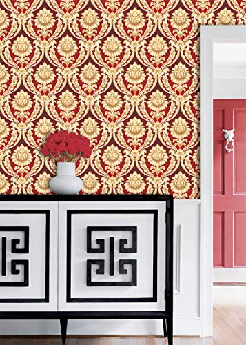 JZ · HOME 20607 Luxury Damask Embossed Wallpaper Rolls, Red/Gold Wall Paper Home Bedroom Living Room Hotels Wall Decoration 20.8