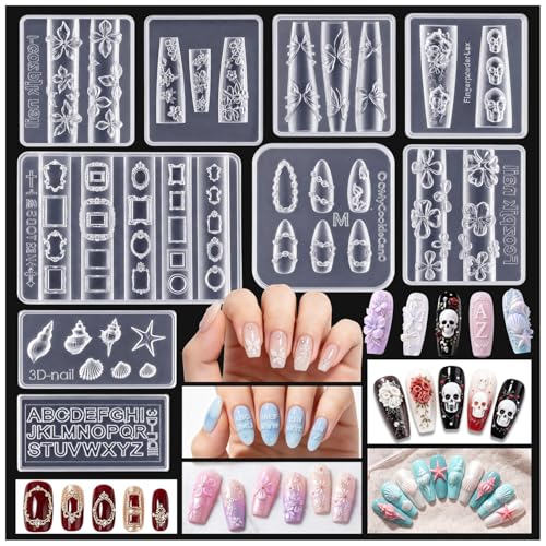 9 Pcs 3D Nail Art Silicone Resin Molds 3D Art Flowers Nail Charm Molds Letter Resin Mold Multiple Shapes Butterfly Shell Photo Frame Skull Nail Design Mold for DIY Manicure Accessories Supplies