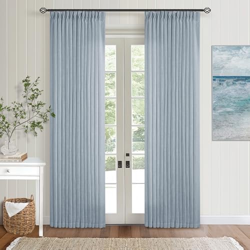 Image of Dusty Blue Pinch Pleated Linen Curtains 84 Inches Long 2 Panels Set for Living Room Dining Pinch Pleat Back Tab Light Filtering Boho Coastal Window Curtain Drapes 84 Inch Length Light Sky Blue