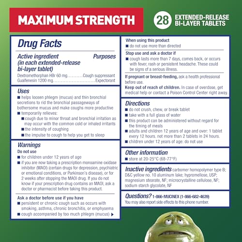 Mucinex DM 12Hr Maximum Strength Chest Congestion & Cough Medicine for Adults, Cold and Cough Medicine for Excess Mucus Relief, 1200 mg Guaifenesin & 60 mg Dextromethorphan HBr, 28 Bi-Layer Tablets - image 6