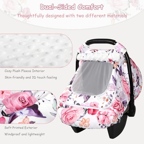 Image of Winter Car Seat Cover Baby with Sunshade & Dual Zipper Windows - Minky Bubble Lined Windproof Soft Shell, Warm Newborn Car Seat Canopy Covers, Elastic Bottom for Stroller & Infant Car Seat, Floral