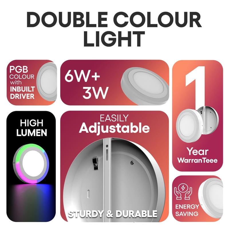 Image of Hi-Fi Chroma 2-in-1 6W+3W Double Color Round LED Surface Light for Home & Office | (Cool White + PGB (Pink + Green + Blue), Pack of 2)
