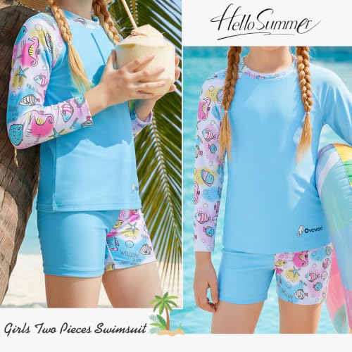 Image of Girls Swimsuit Two Piece Rash Guard Set for 4-14 Years UPF 50+ UV Protective Long Sleeve Swimwear