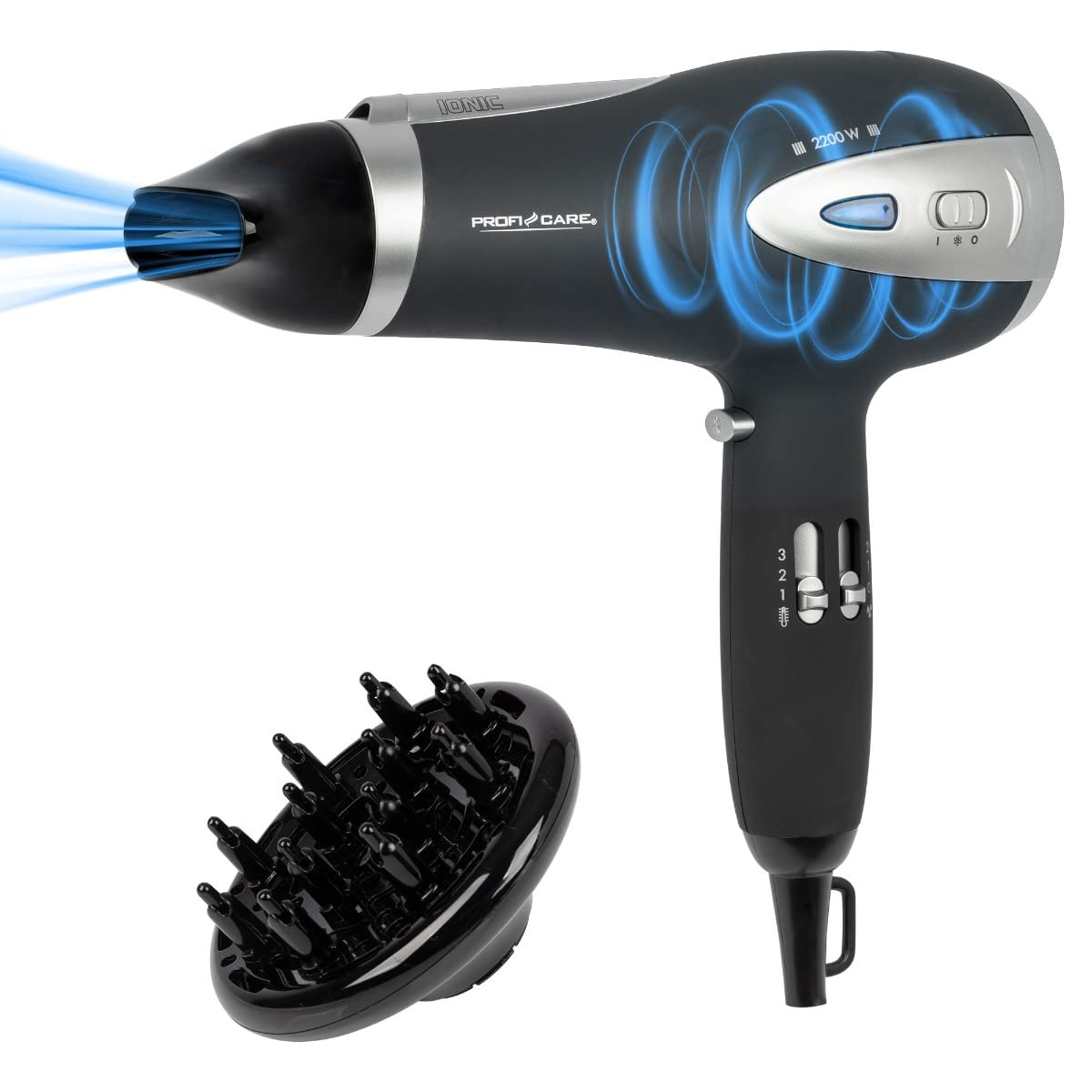 ProfiCare® Suszarka do włosów z funkcją jonizacji 2200 W | bardzo lekka suszarka podróżna 3 poziomy mocy i 2 stopnie nawiewu | suszarka do włosów w zestawie Cool-Shot | suszarka z dyfuzorem i dyszą