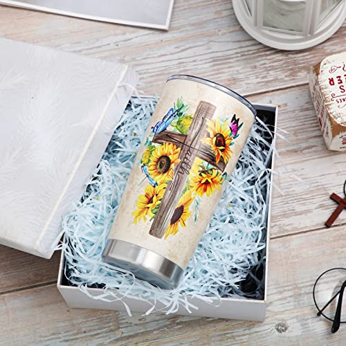 20 Oz Stainless Steel Tumbler Christian Gift For Women Religious Inspirational Gifts Faith Vintage Cross Bible Vacuum Insulated Travel Coffee Mug For Women Friend Easter Birthday Gift (Sunflower) #TOP3