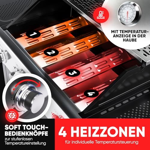 ProfiCook® Gas-grill für Temperaturen bis zu 450°C | 2 Power-Zonen | Roste aus echtem Gusseisen | Gasgrill 4 Brenner | Temperaturanzeige | Flaschenöffner | 4 Brenner | Gasgrill Balkon | PC GG 1311