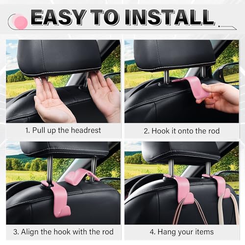 Image of SINGARO 4 Pack Car Seat Headrest Hooks, Vehicle Back Seat Hanger Storage Organizer for Purse Handbag Backpack Coat Grocery, 360 Rotating Heavy Duty Holds 44lbs, Pink