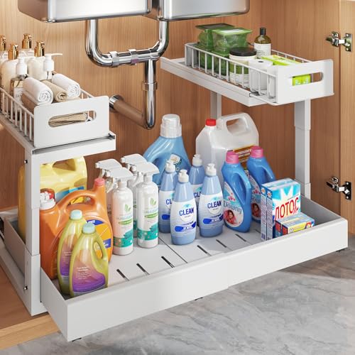 Image of 1 Pack Expandable Under Sink Organizers Storage With Upgrade Ball-Bearing Slide Tracks,2-Tier Pull Out Under Cabinet Organizer Height Adjustable,Not Suitable For Cabinets With Partitions In The Middle
