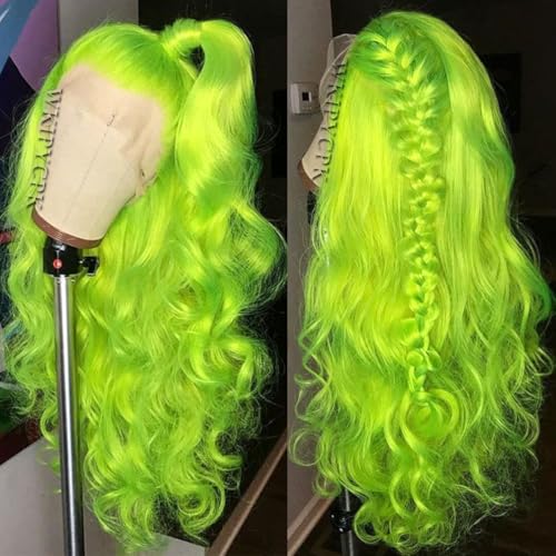 WKIPYCPK Fluorescent Green Synthetic Lace Front Wigs for Women 24 Inch Long Wavy Hair Bright Neon Green Lace Front Wigs Pre Plucked Heat Resistant Fiber Hair Party Cosplay Wig