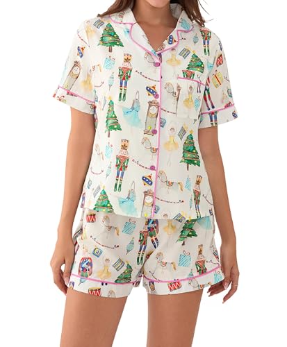 Aonoapll Women Christmas Pajama Set Nutcracker Printed Short Sleeve Button Shirt and Shorts 2 Piece Lounge Sleepwear(White Small)