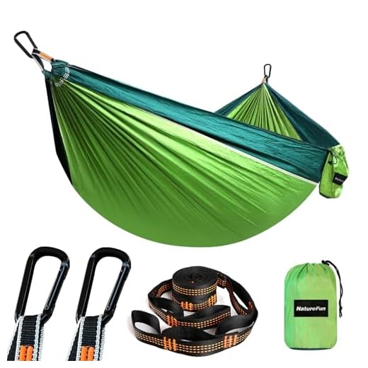 NatureFun Ultraleichte Reise Camping Hängematte | 300kg Tragkraft (275 x 140 cm) Atmungsaktiv,Schnelltrocknendes Fallschirm Nylon | 2 x Premium Karabiner,2 x Schlingen| Drinnen Draußen Garten