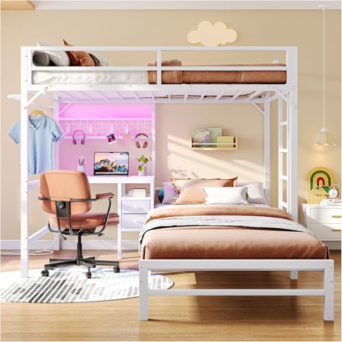 Catálogo para Comprar On-line Literas Metalicas disponible en línea. 44 SIMPLE HOGAR Literas Individuales,Litera Con Escritorio Abajo, Litera Individual Viene Con Dos Cajones y Perchas,Viene Con Barandillas y Escalera,199*195*183CM,Apto Para Adultos y...