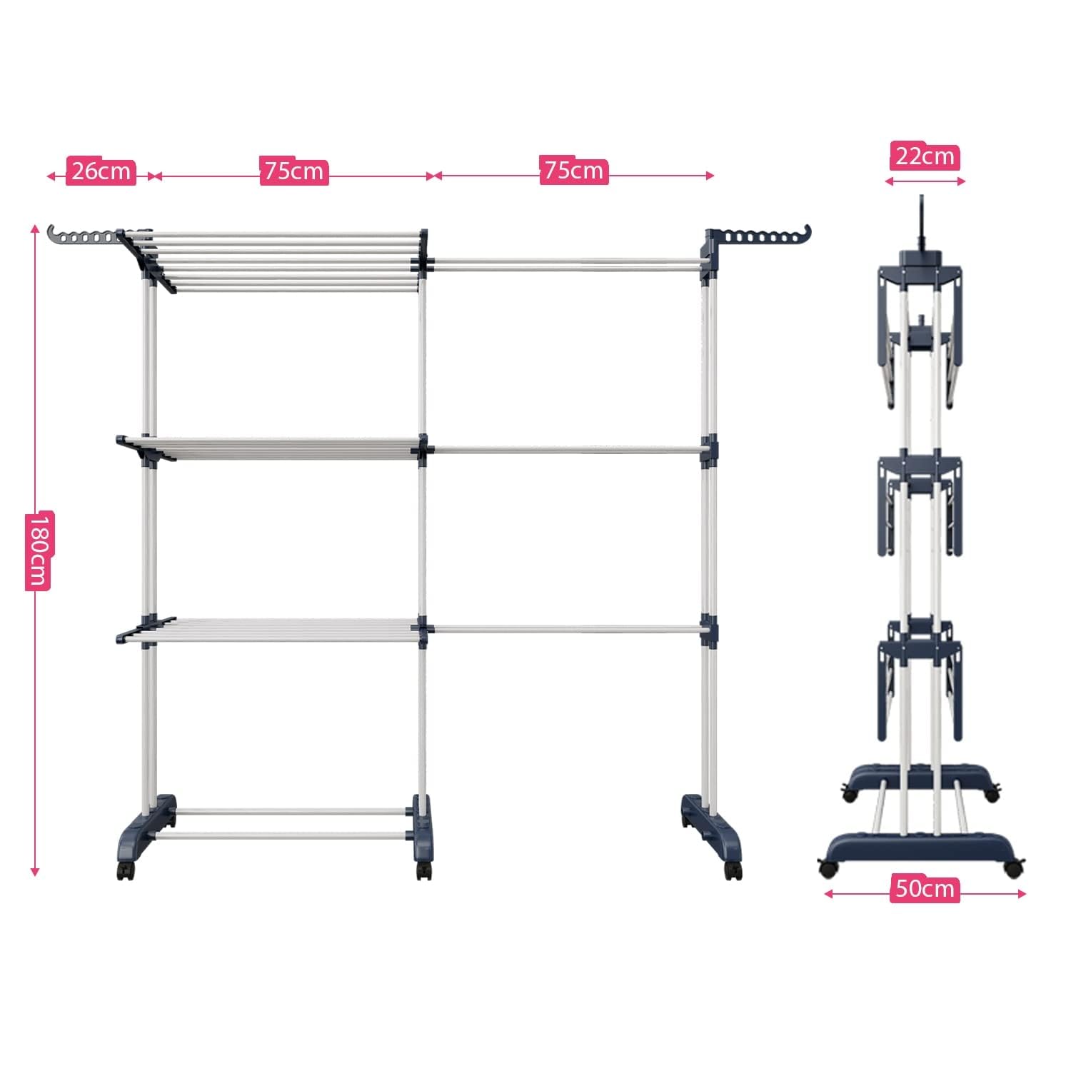 3 Niveles Tendedero Torre Vertical 75-200cm Extensible Plegable Resistente Portatil Acero Inoxidable Clothes Drying Rack para Exterior Terraza Balcon (Azul Blanco)