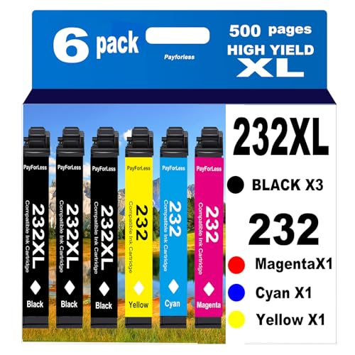 232XL Remanufactured for Epson 232XL Ink Cartridges Combo Pack 232XL T232 XL for XP-4200 XP-4205 Workforce WF-2930 WF-2950 Printer 6 Pack 3 Black 1 Cyan 1 Magenta 1 Yellow
