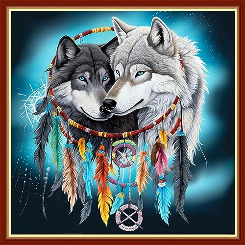 Image of Findvoor Stamped Cross Stitch Kits for Beginners Full Range of Cross Stitching Embroidery Pattern for Adults, 11CT DIY Needlepoint Embroidery Starter Kits-Wind Chime Wolf 17.7x17.7 inch