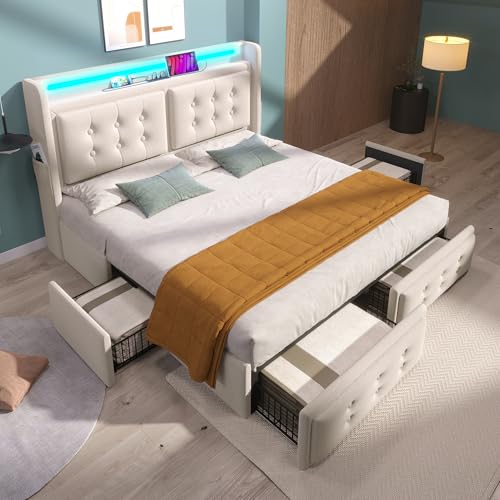 VIEKOS Cama doble tapizada de 160 x 200 cm, color beis: cabecero LED con USB-C, 4 cajones, somier de listones de madera, soporta 300 kg
