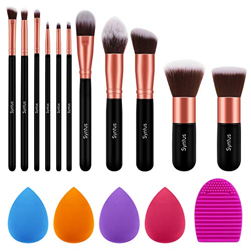 Syntus Makeup Brush Set, 11 Makeup Brushes & 4 Blender Sponges & 1 Brush Cleaner Premium Synthetic Foundation Powder Kabuki Blush Concealer Eye Shadow Makeup Brush Kit, Black Golden