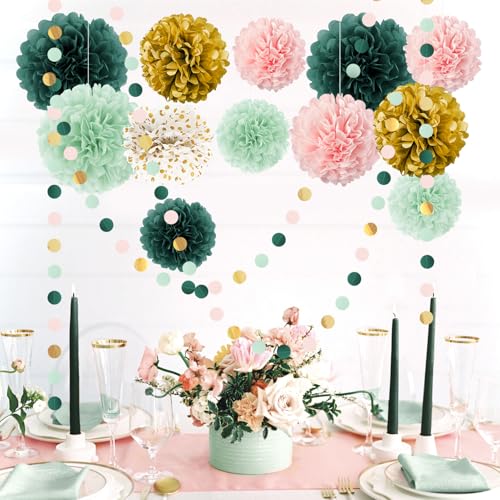 Image of AOBKIAT Wedding Birthday Party Decorations Set,15PCS | Sage Green Pink Tissue Paper PomPoms,Garland String Hanging Backdrop for Baby Shower, Boho Bridal Wedding Theme Decor