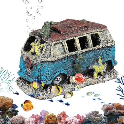 Image of Qpets Fish Tank Accessories, Aquarium Decorative Items, Vintage Resin Old Bus with Hiding Cave Engraving Seaweed and Starfish for Fish /Shrimp /Betta Fish (13x7.5x8CM)