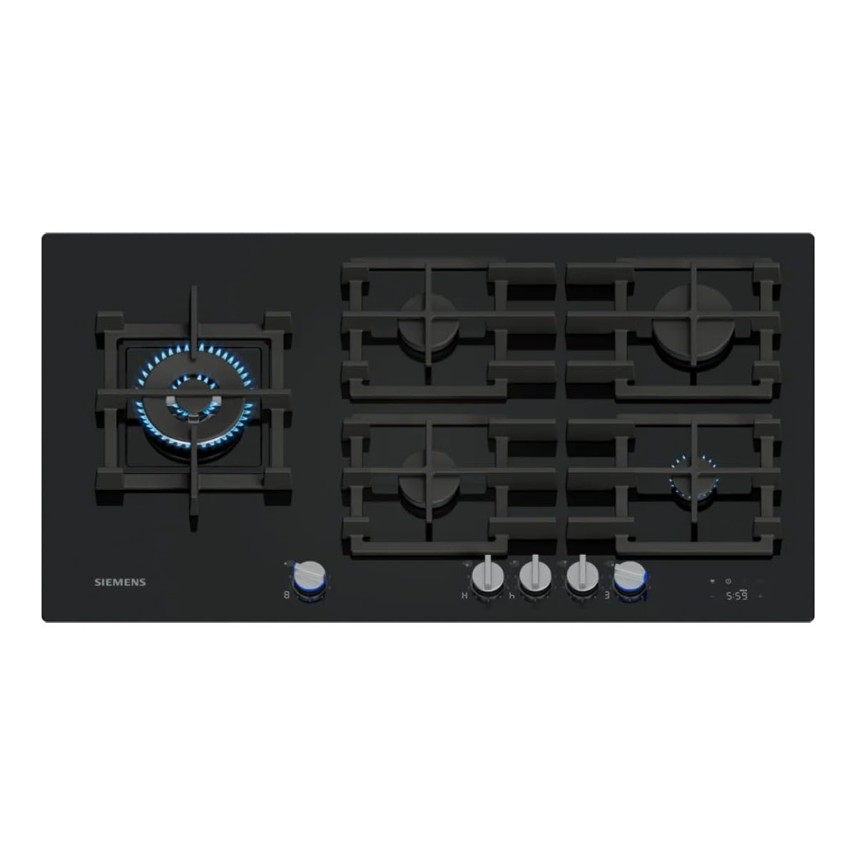 Siemens ER9A6SH40 iQ700 - Placa de cocción de gas, 90 cm, tecnología stepFlame, cookConnect, campana automática inteligente, pantalla digital, botones metálicos extraíbles, vidrio templado, Home