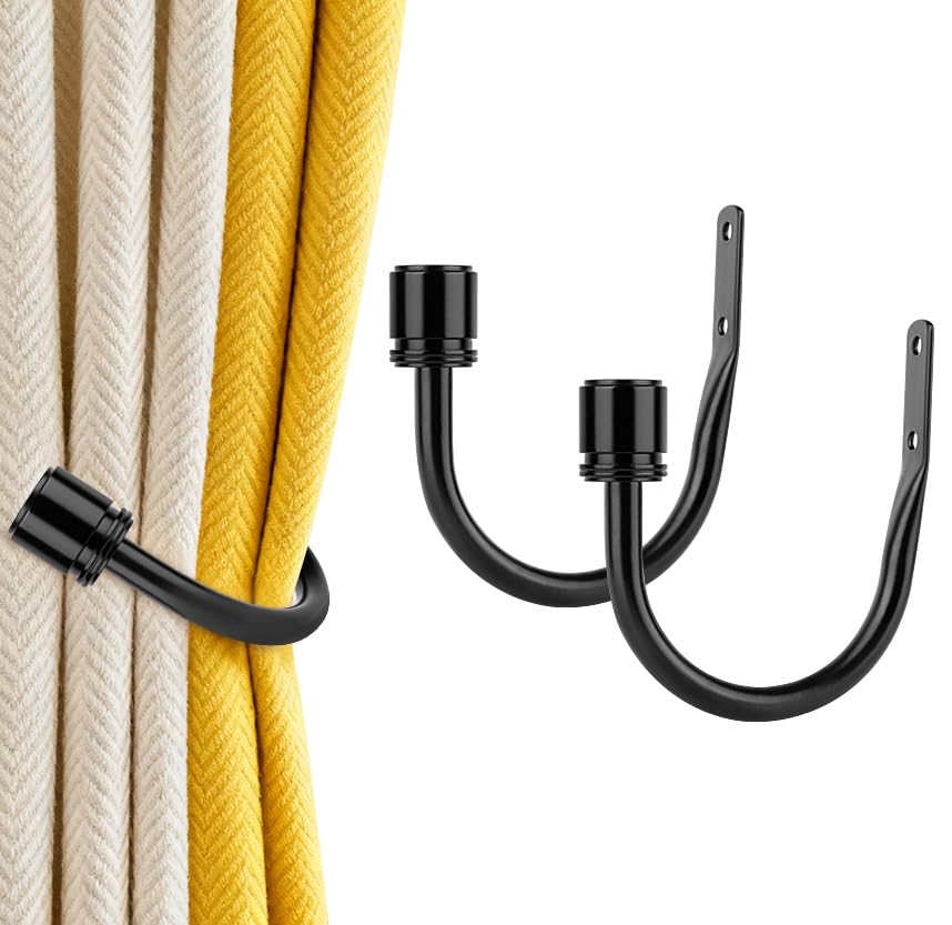 HOTOZON 2 Pack Black Curtain Holdbacks U-Shaped Curtain Holder Wall Mounted Decorative Drapery Tieback with Cap Finial for Hanging Curtains and Other Items
